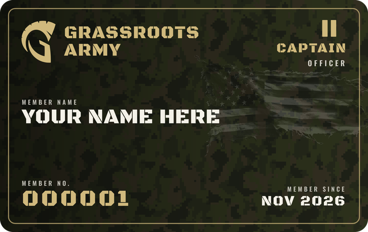 Captain member card: numbered Grassroots Army card with member name and member-since date