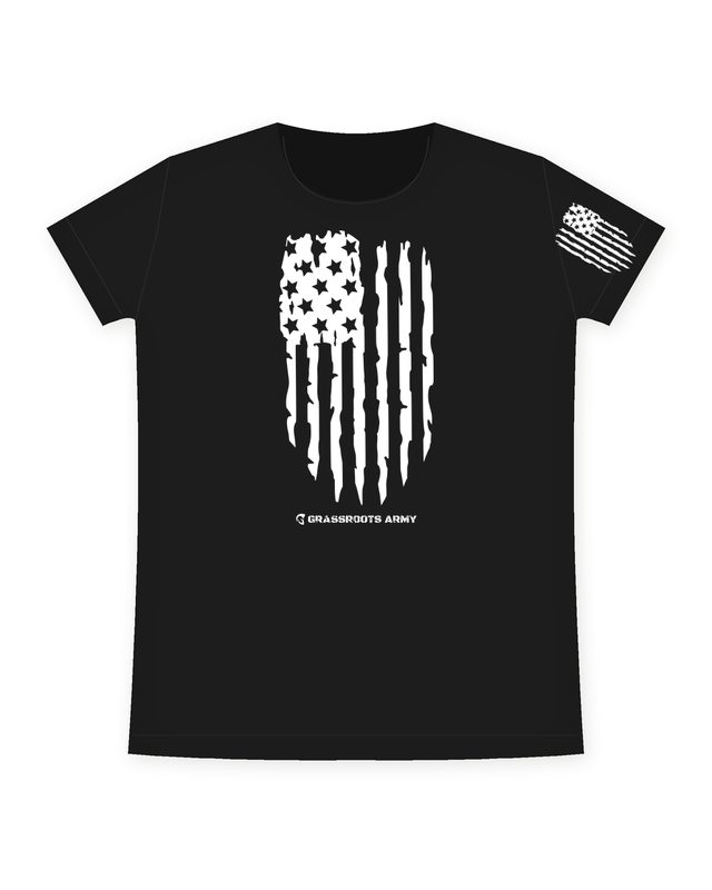 Distressed Flag Women's Tee in Black by Grassroots Army