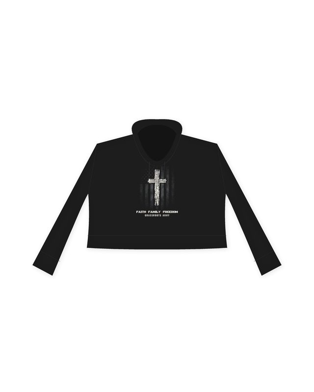 Faith Family Freedom Cross Crop Hoodie in Black by Grassroots Army