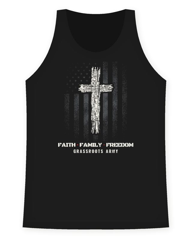 Faith Family Freedom Cross Racerback Tank in Black by Grassroots Army