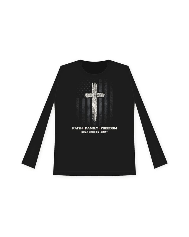 Faith Family Freedom Cross Women's Long Sleeve in Black by Grassroots Army