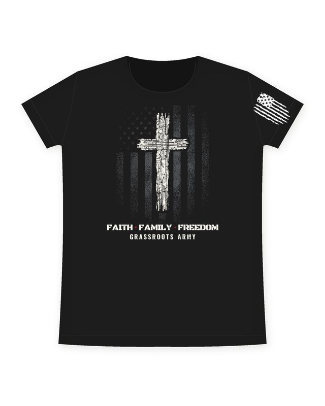 Faith Family Freedom Cross Women's Tee in Black by Grassroots Army