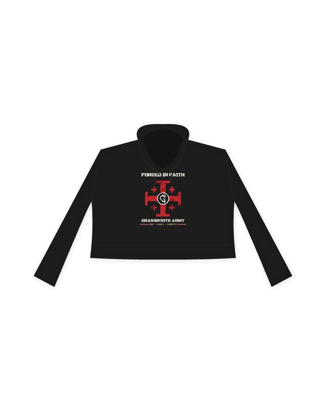 Forged in Faith Crop Hoodie in Black by Grassroots Army