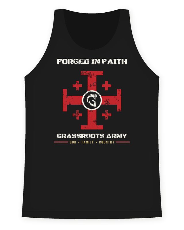 Forged in Faith Racerback Tank in Black by Grassroots Army