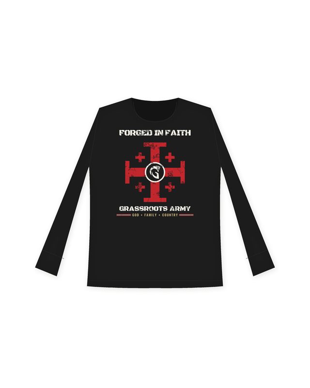 Forged in Faith Women's Long Sleeve in Black by Grassroots Army