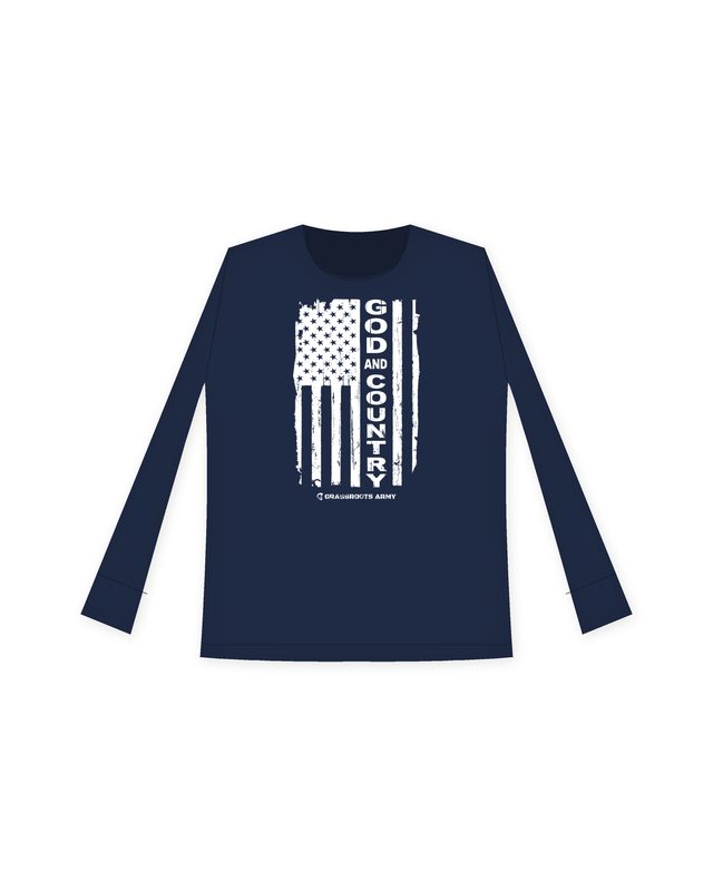 God and Country Women's Long Sleeve in Navy by Grassroots Army