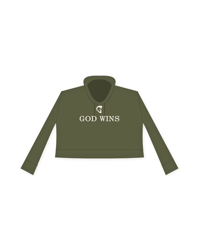 God Wins Crop Hoodie in Military Green by Grassroots Army