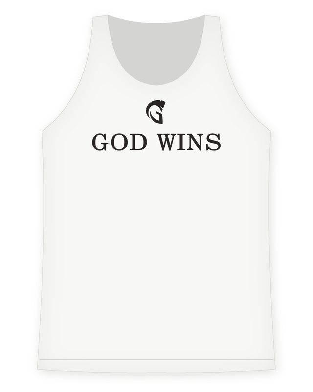 God Wins Racerback Tank in White by Grassroots Army