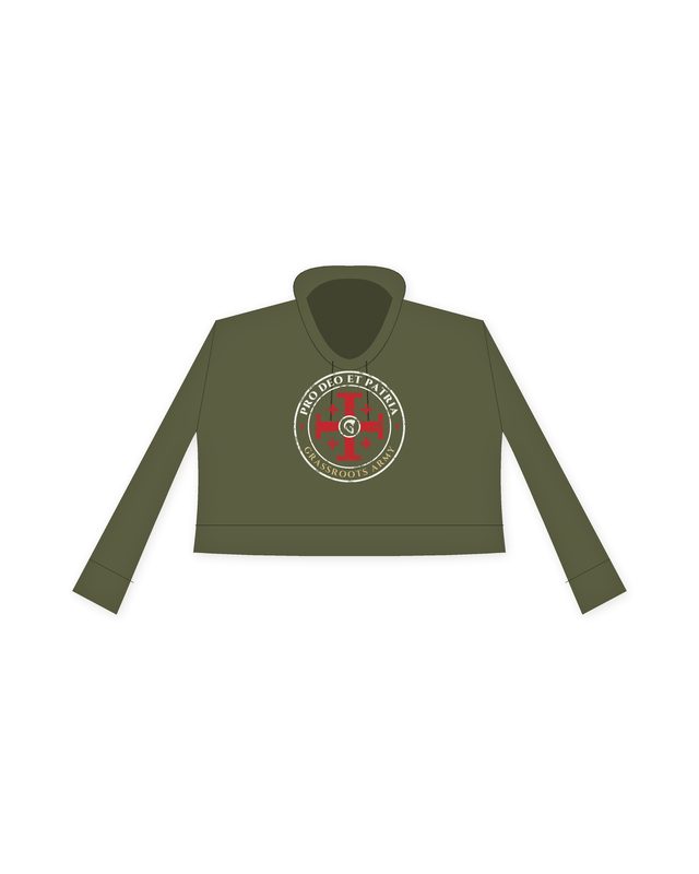 Pro Deo et Patria Crop Hoodie in Military Green by Grassroots Army