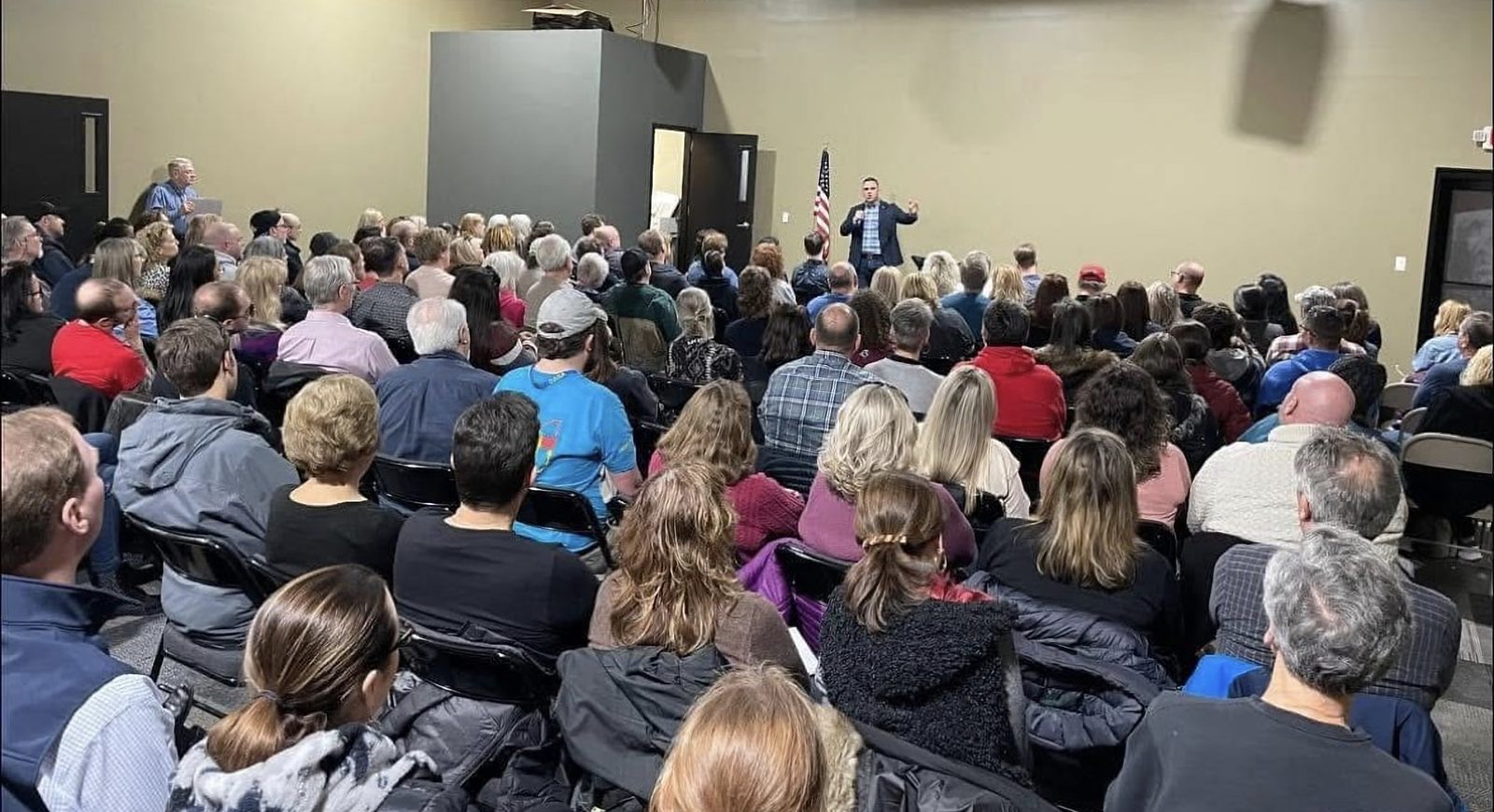 Packed town hall room listening to Garrett Soldano